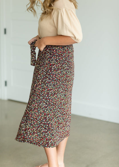 Black Ditsy Floral Belted Midi Skirt - FINAL SALE Skirts