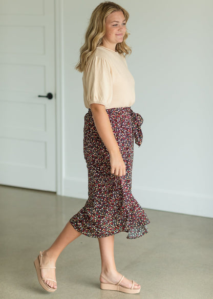 Black Ditsy Floral Belted Midi Skirt - FINAL SALE Skirts