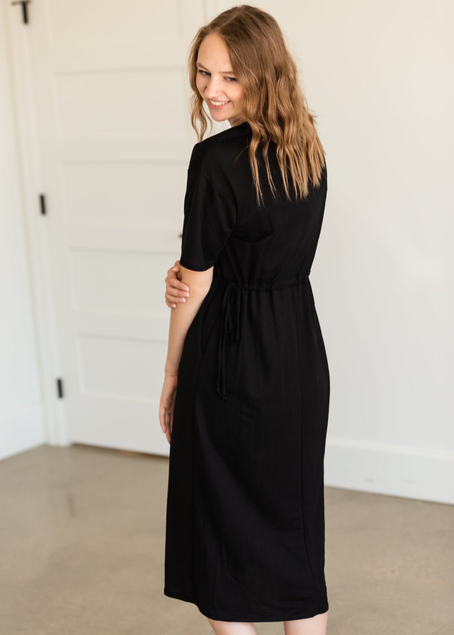 Black Drawstring T-Shirt Midi Dress Dresses