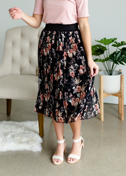 Black Floral Pleated Midi Skirt Skirts