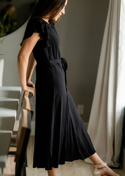 Black Flutter Sleeve Tie Waist Maxi Dress Dresses