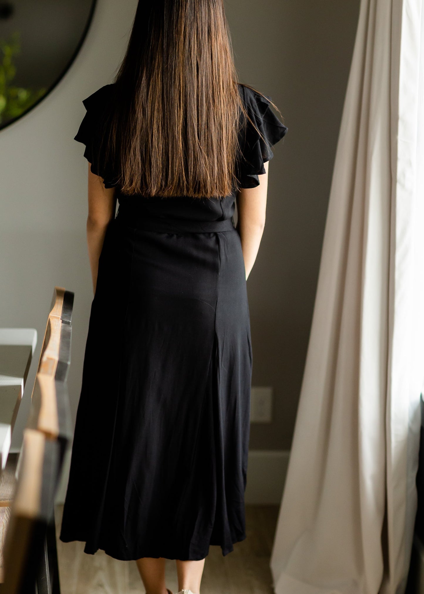 Black Flutter Sleeve Tie Waist Maxi Dress Dresses