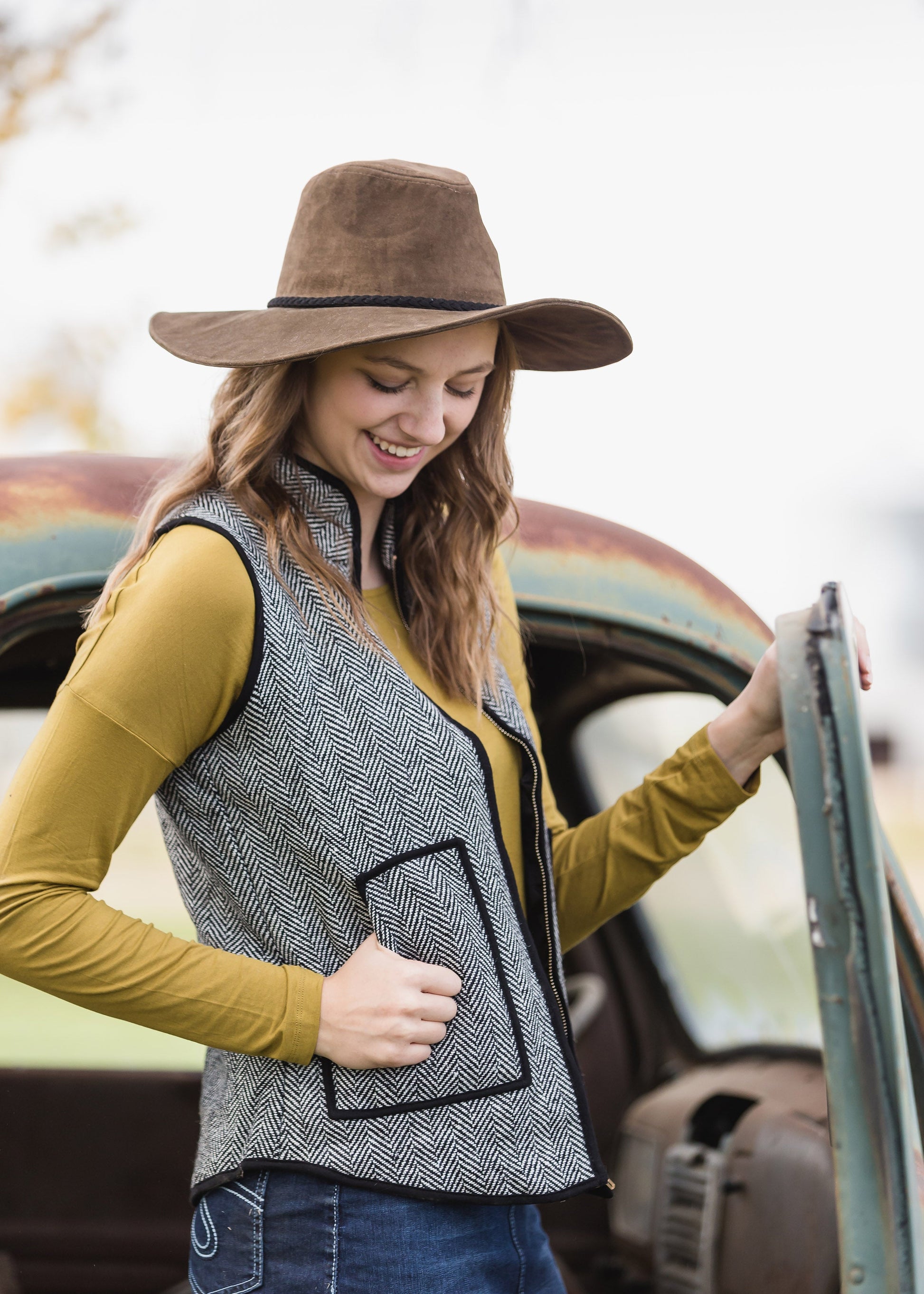 Black Herringbone Zip Up Vest - FINAL SALE Tops