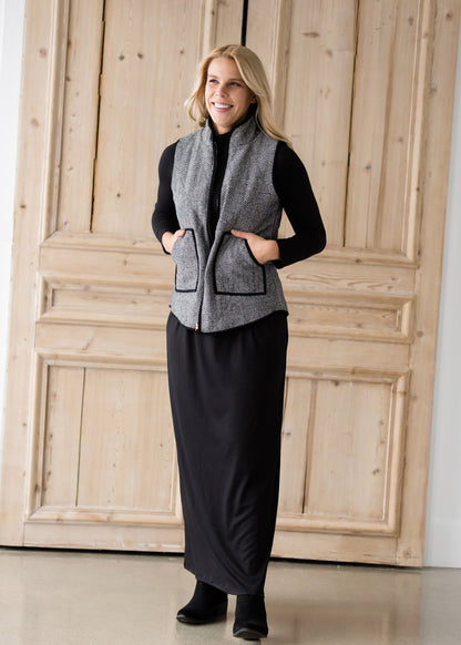 Black Herringbone Zip Up Vest - FINAL SALE Tops