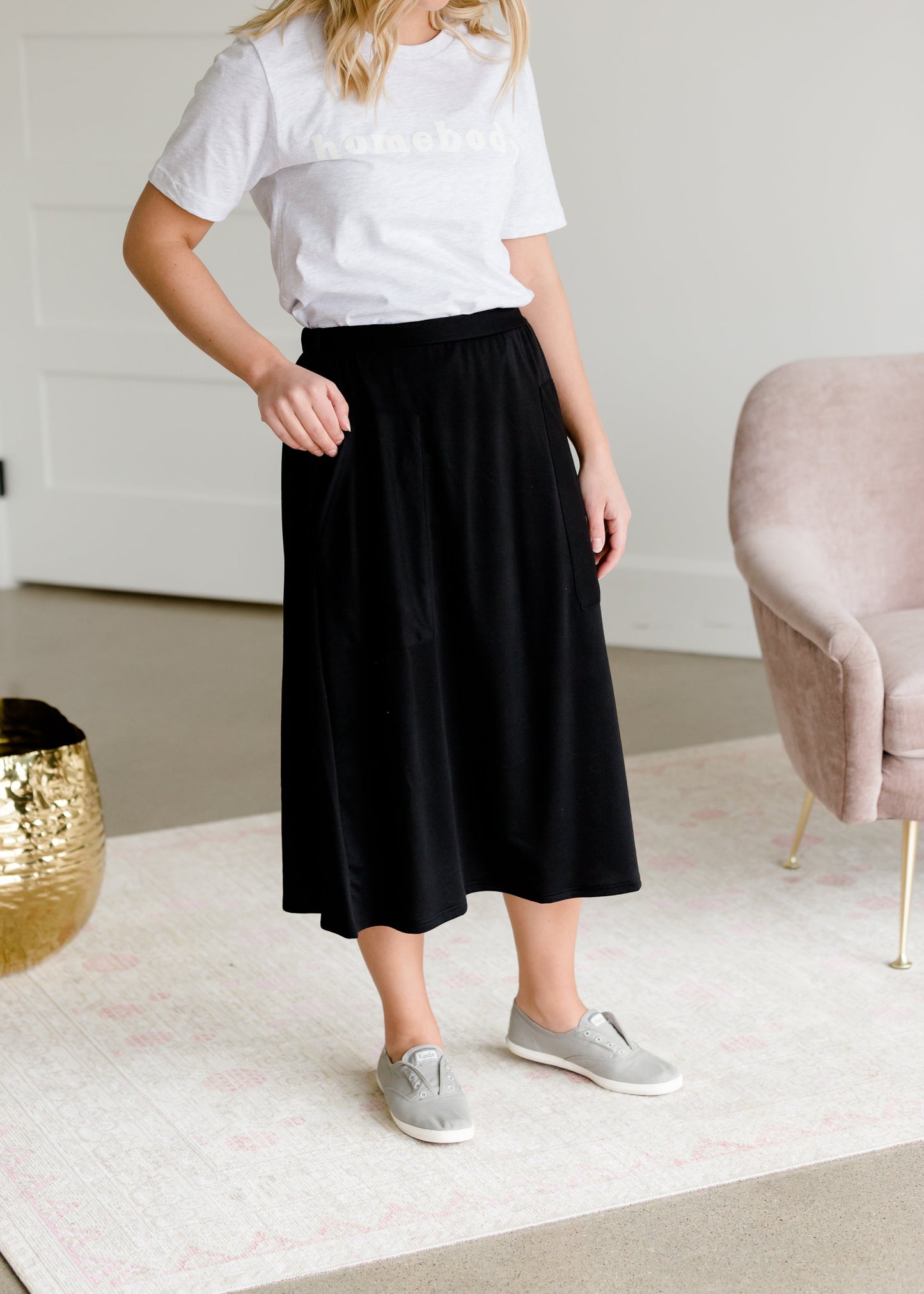 Black Knit Pocket Midi Skirt Skirts