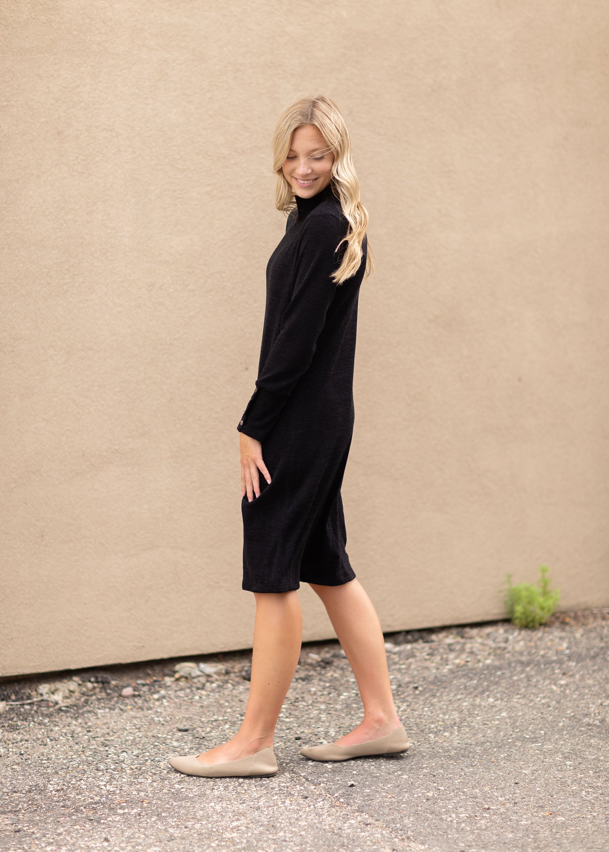 Black Long Sleeve Button Midi Dress Dresses