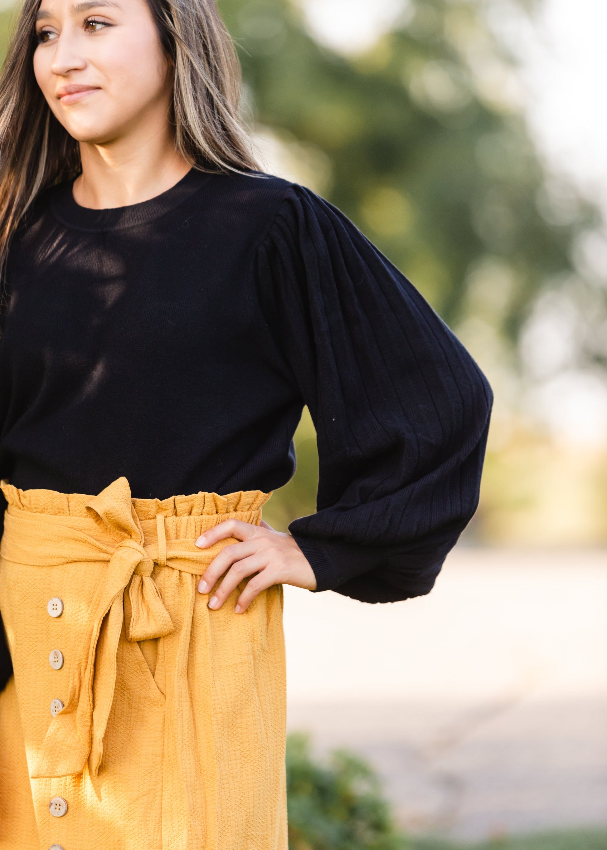 Black Pleated Sleeve Crewneck Sweater Tops