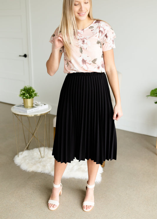 Black Pleated Stretch Waist Midi Skirt - FINAL SALE Skirts