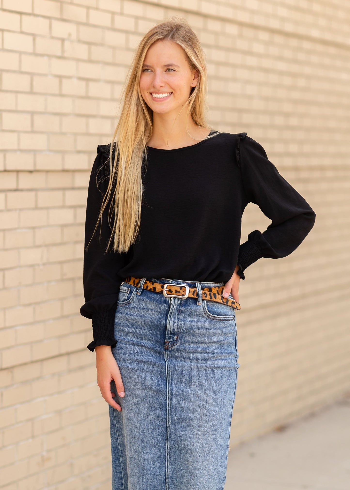 Black Ruffled Long Sleeve Top Tops