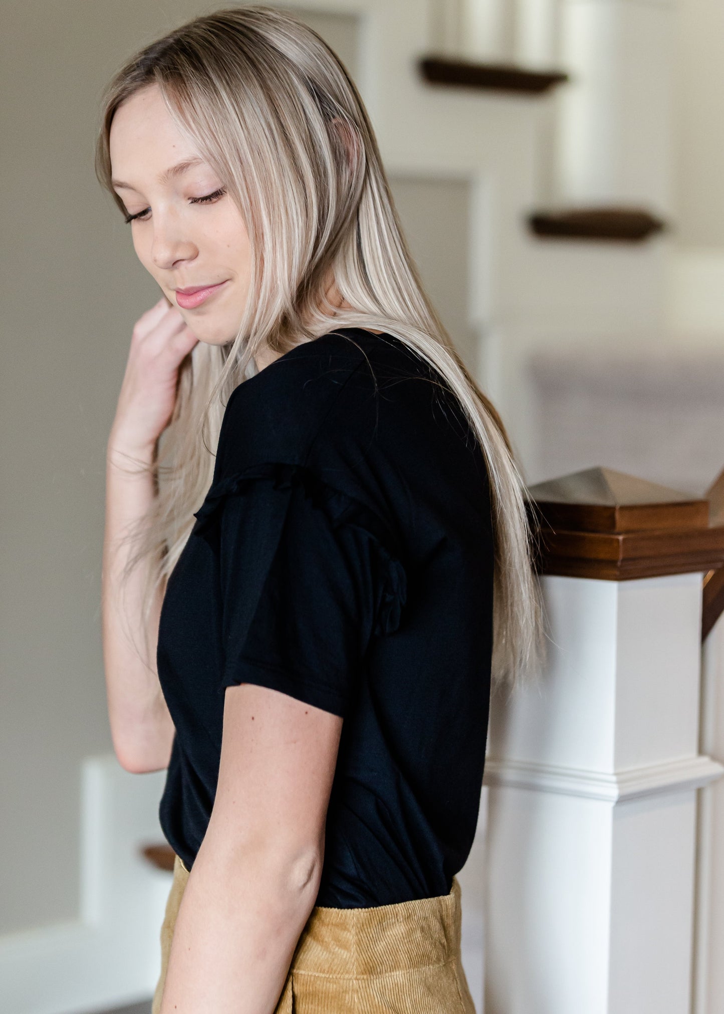 Black Ruffled Shoulder Top Tops