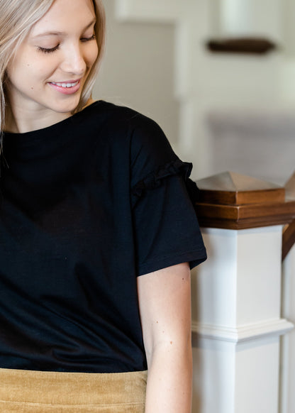 Black Ruffled Shoulder Top Tops