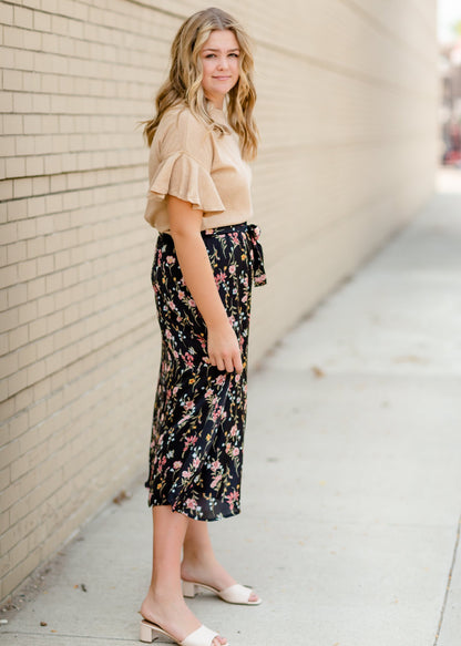 Black Satin Floral Midi Skirt Dresses Tea N Rose