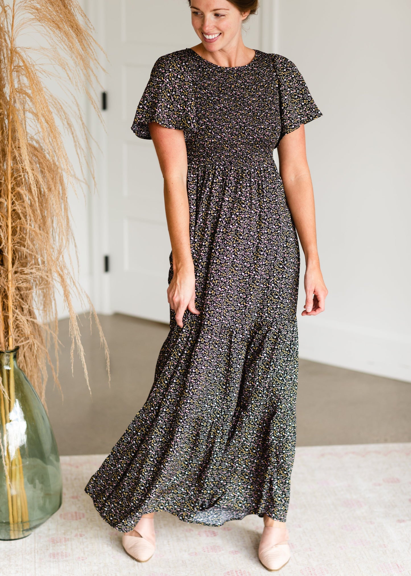 Black Smocked Flutter Sleeve Floral Maxi Dress - FINAL SALE Dresses