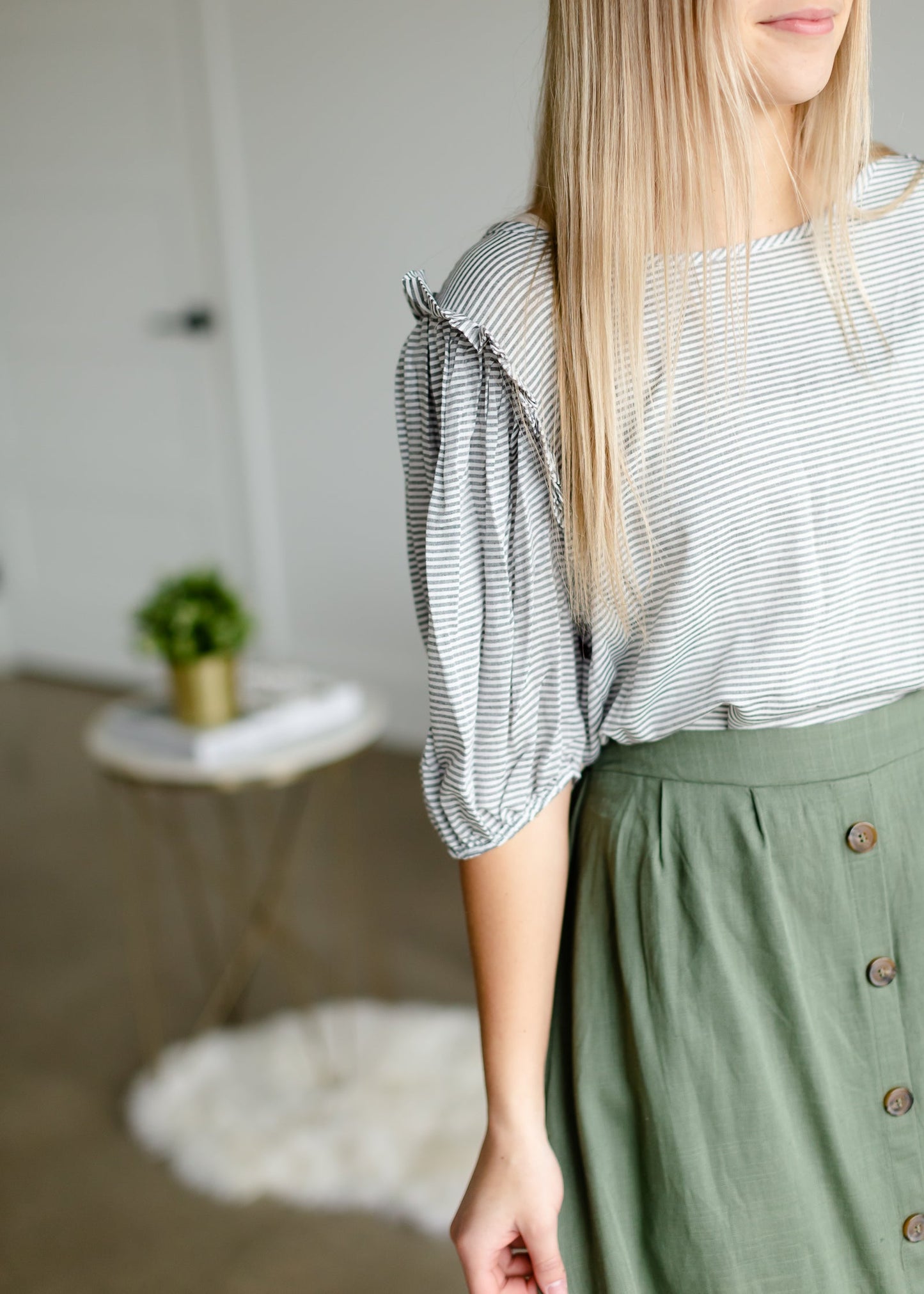 Black Striped Ruffle Shoulder Top - FINAL SALE Tops