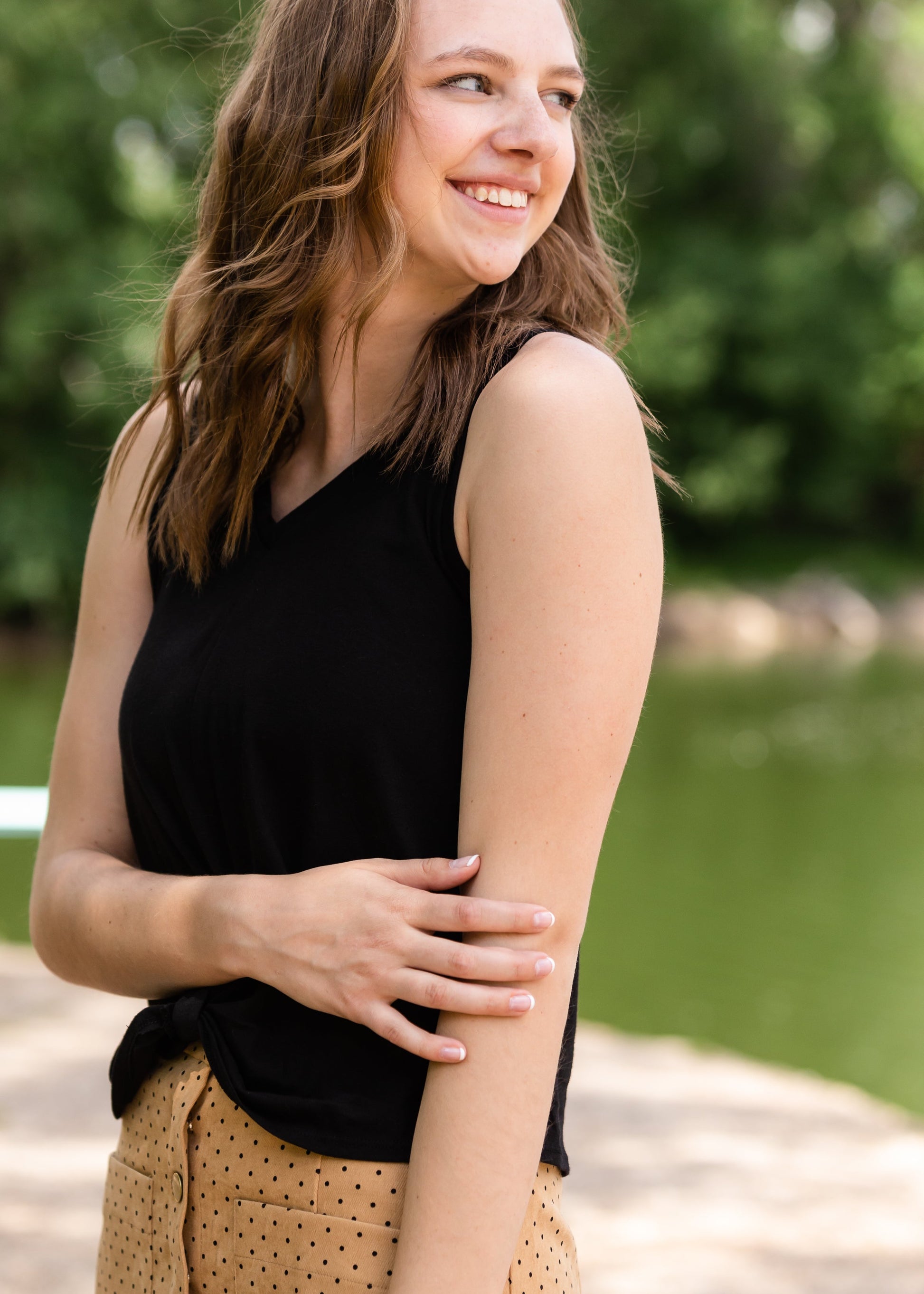 Black Triblend Front Knot Tank Top Tops