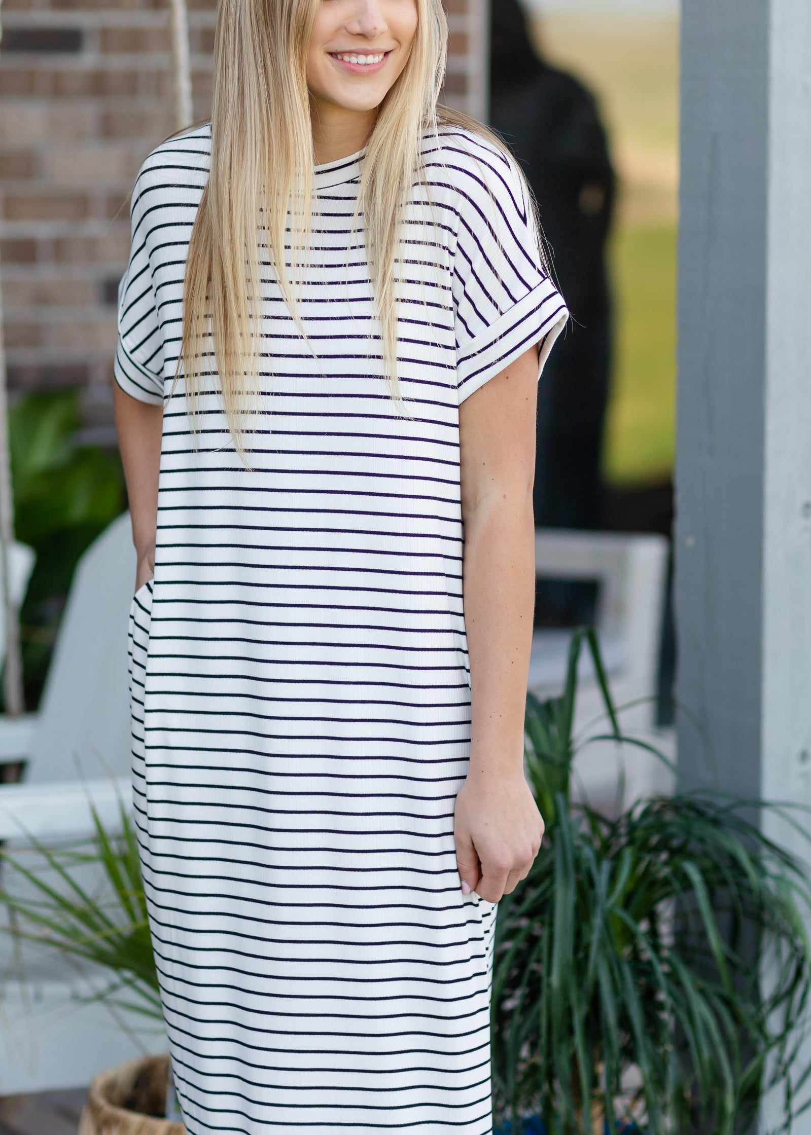 Black + White Striped Midi Dress Dresses