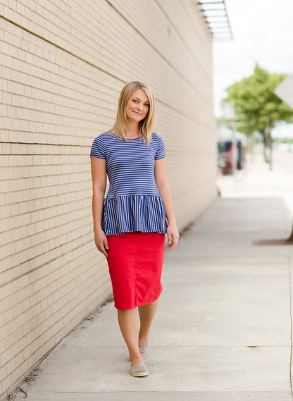 Blue and White Striped Peplum Top Tops