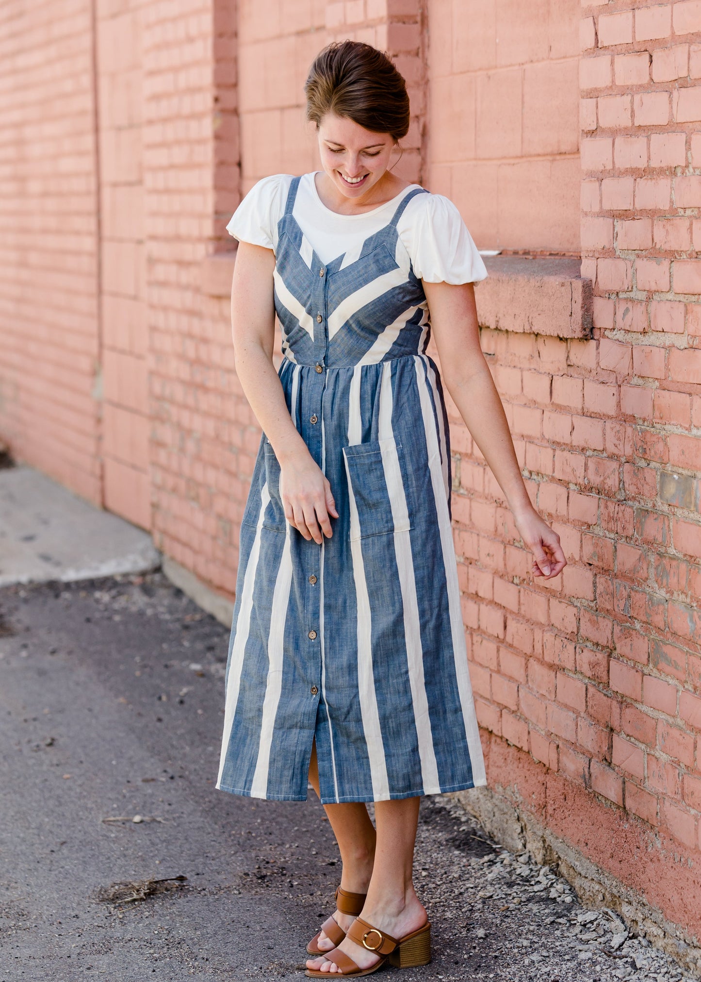 Blue Button Detail Stripe Midi Dress - FINAL SALE Dresses