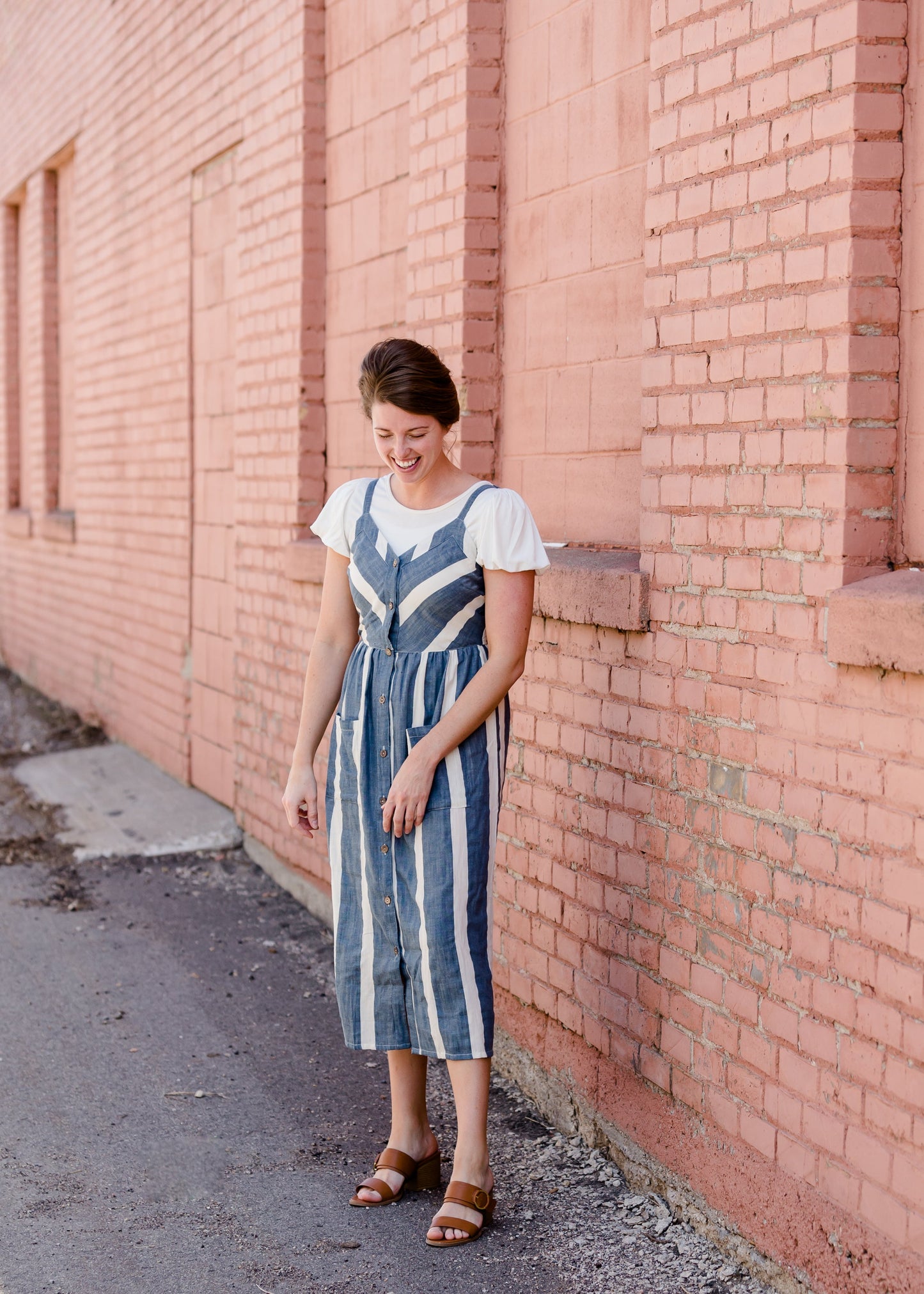 Blue Button Detail Stripe Midi Dress - FINAL SALE Dresses