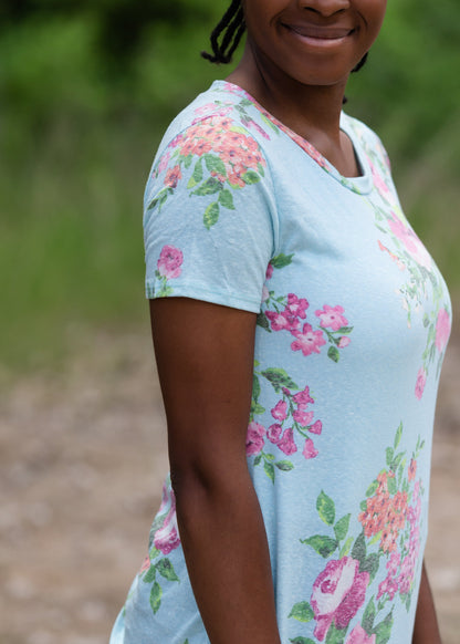 Blue Floral Print Short Sleeve Top Tops