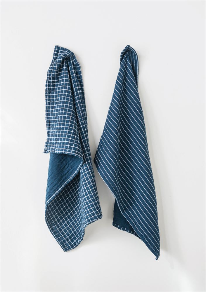 navy blue striped and tiled tea towels