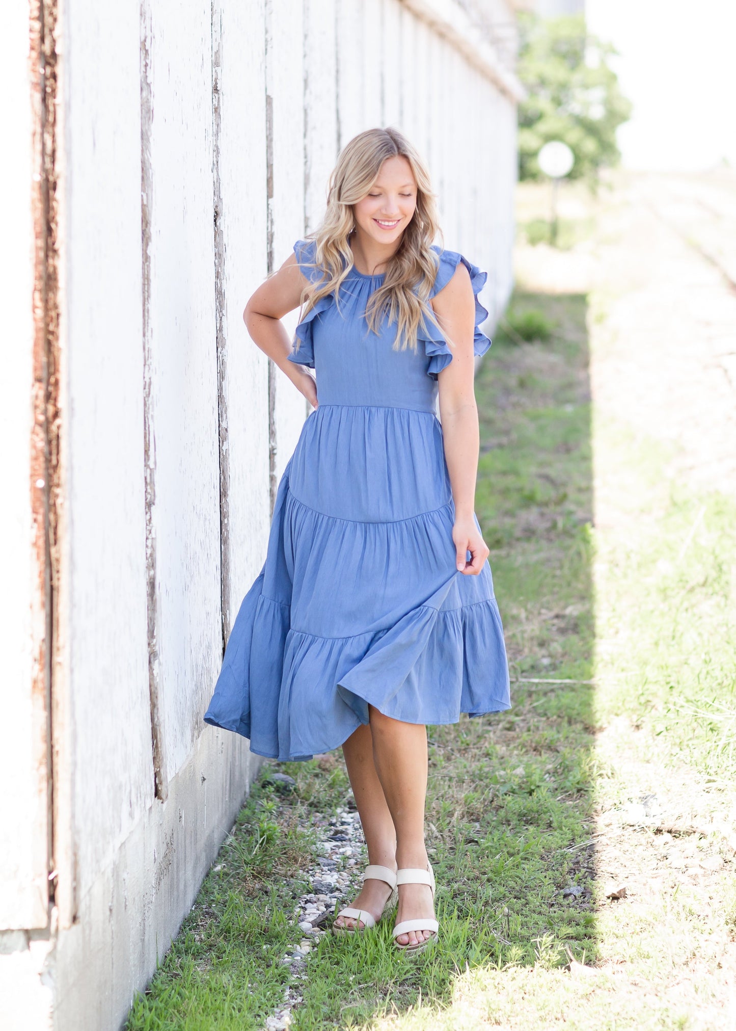 Blue Ruffle Sleeve Midi Dress Dresses