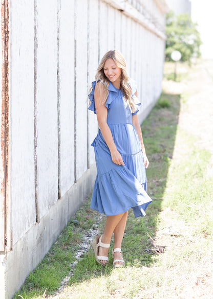 Blue Ruffle Sleeve Midi Dress Dresses