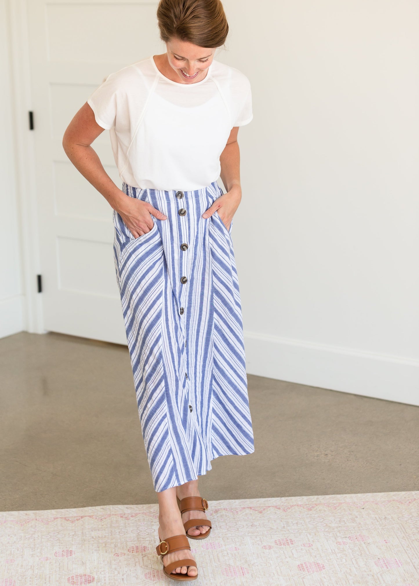 Blue Striped Button Down Midi Skirt - FINAL SALE Skirts