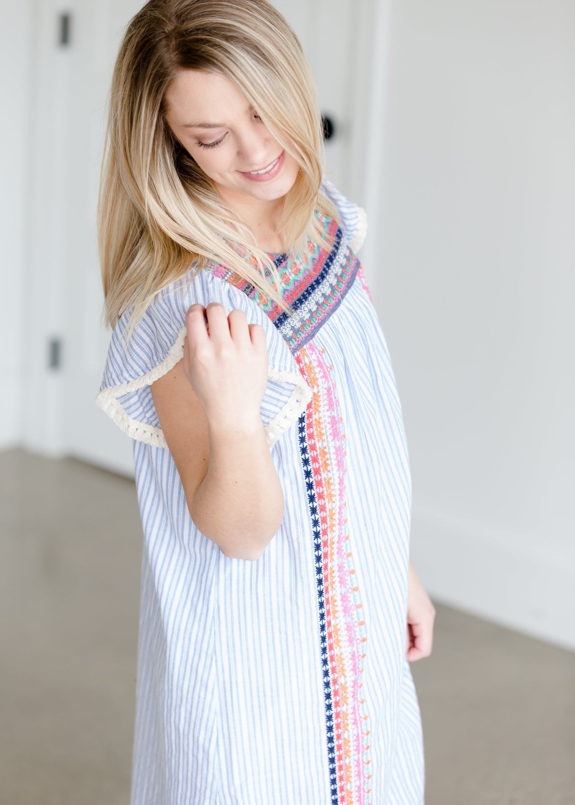 Blue Striped Embroidered Midi Dress - FINAL SALE Dresses