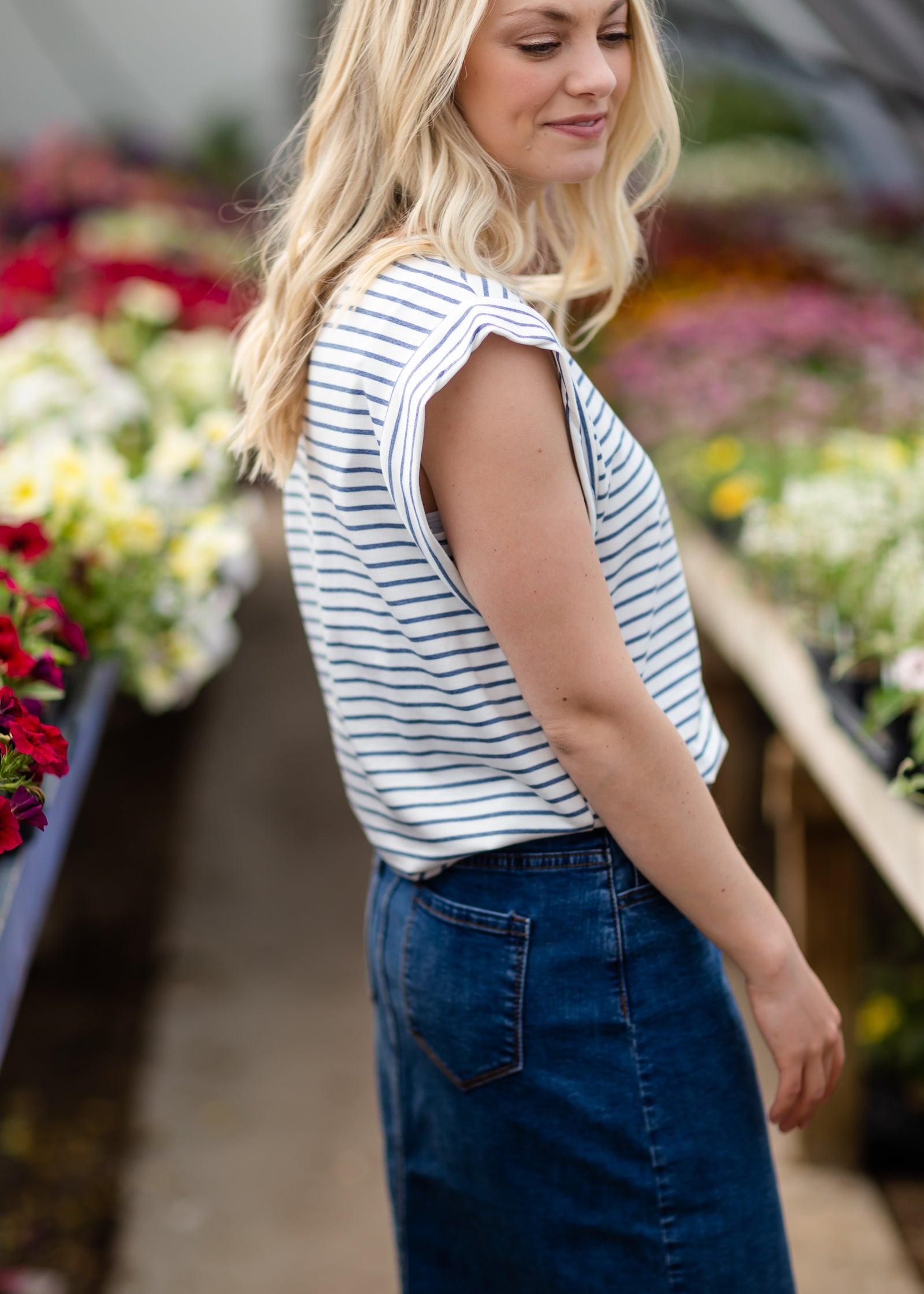 Blue Striped French Terry Top Tops