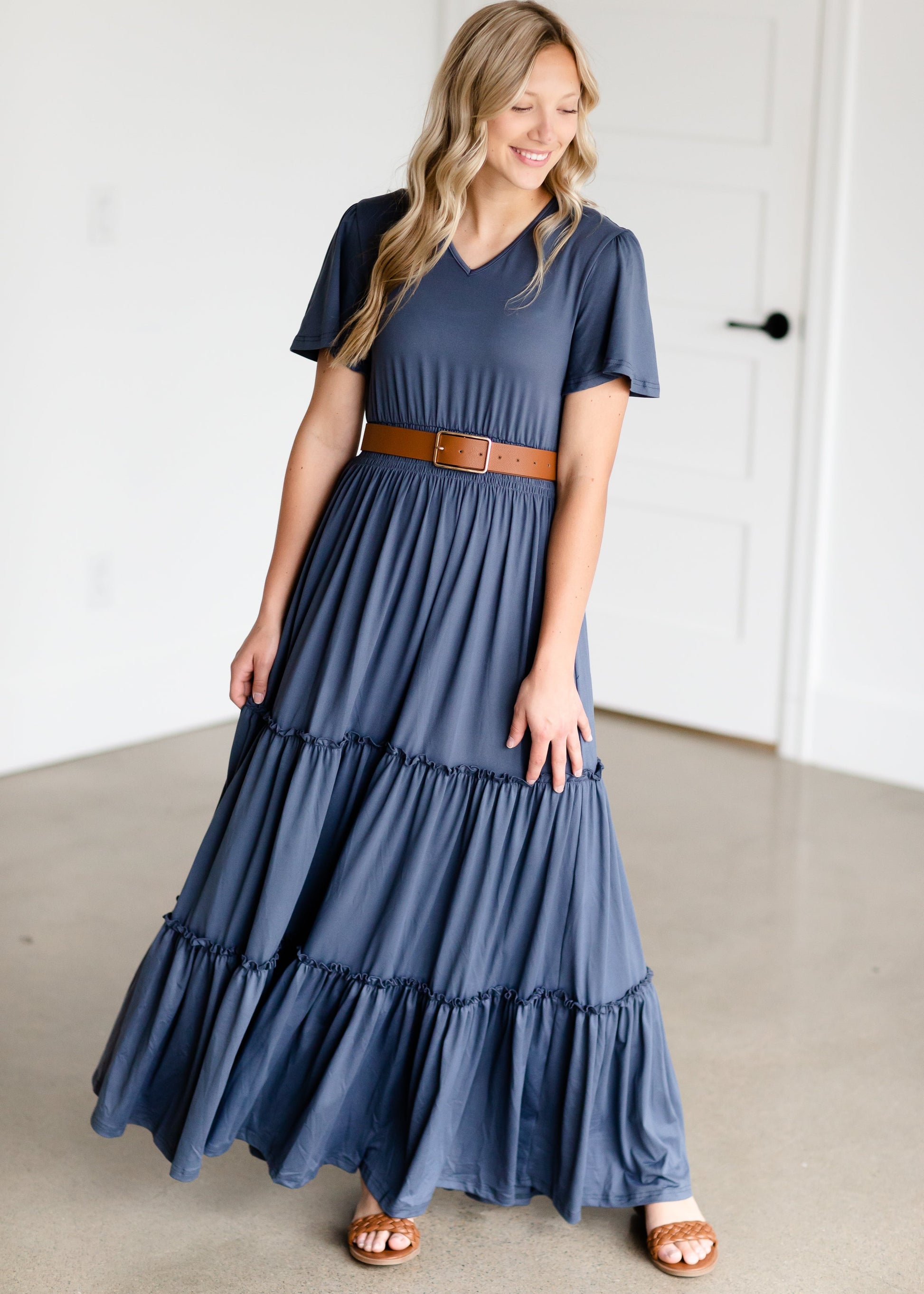 Blue Tiered Cinched Waist Maxi Dress Dresses