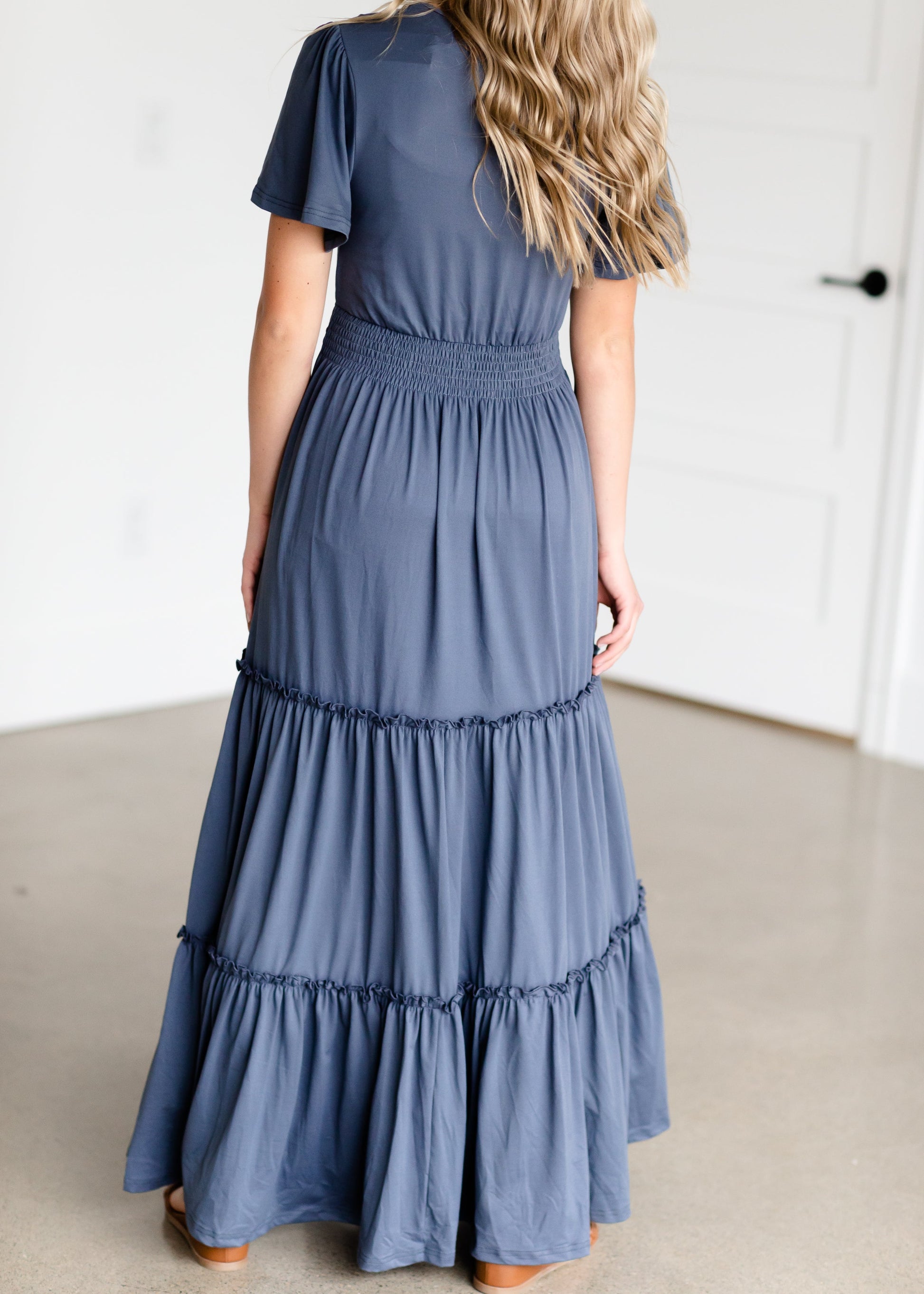 Blue Tiered Cinched Waist Maxi Dress Dresses