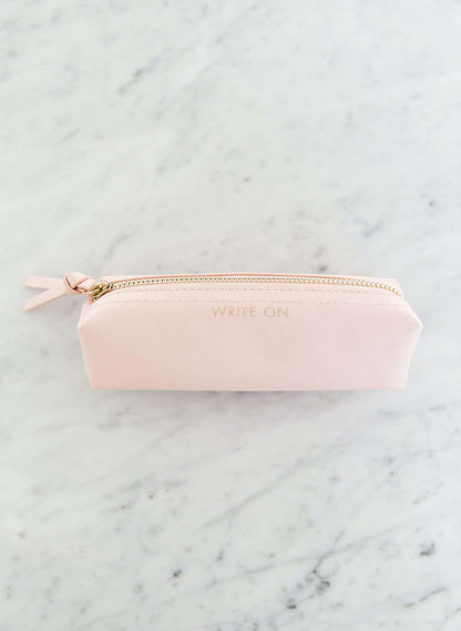 modest blush pink pencil pouch with gold zipper