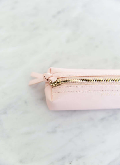 modest blush pink pencil pouch with gold zipper