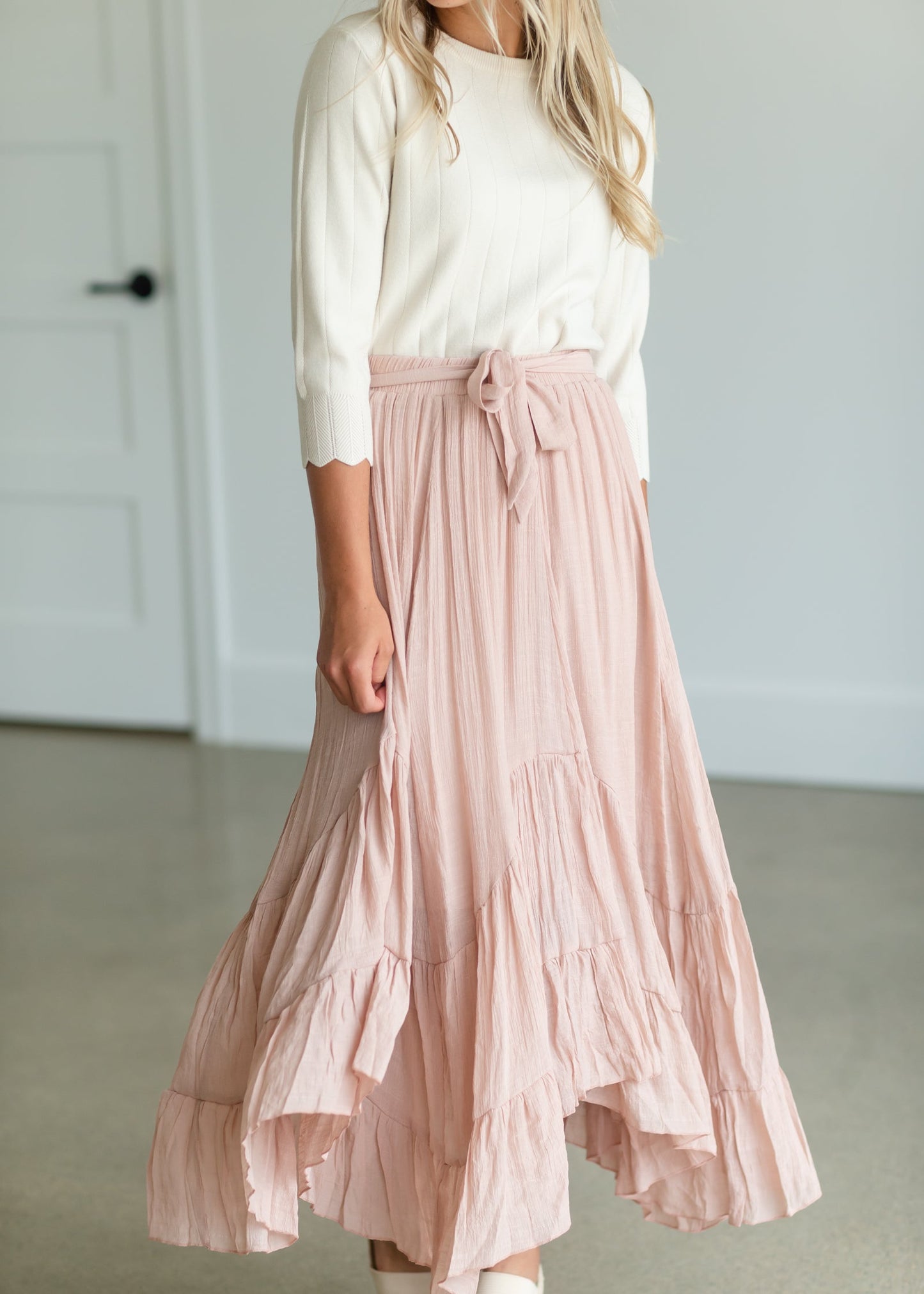 Blush Tie Waist Flowy Midi Skirt Skirts