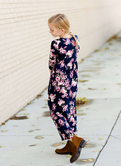 Modest girls and conservative teens navy and floral long sleeve maxi dress