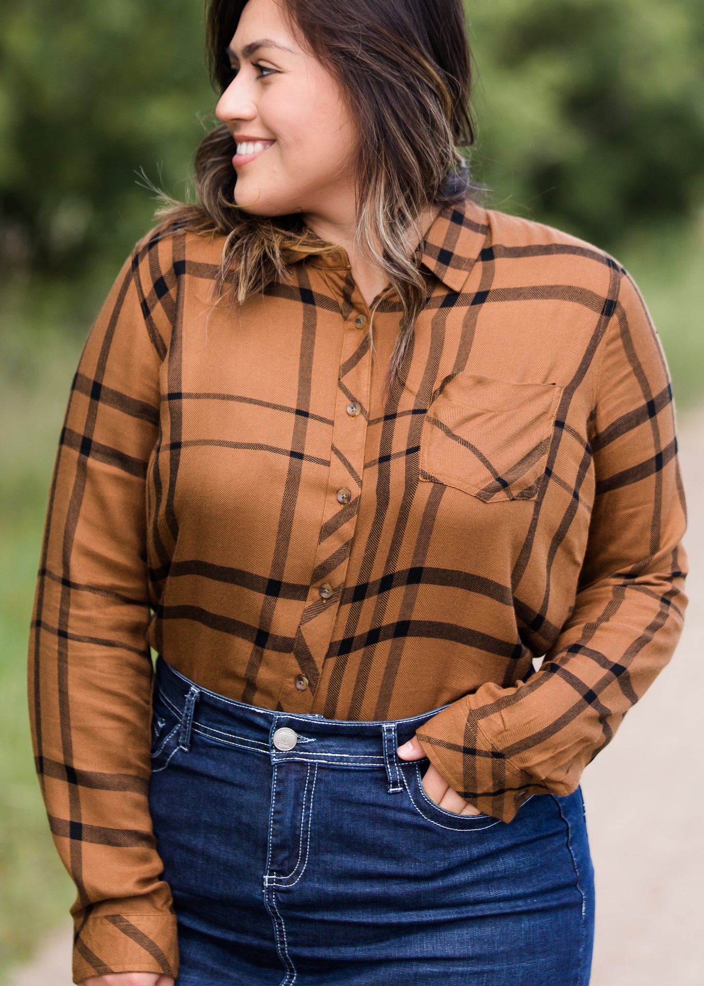 Brick Plaid Button Up Womens Top