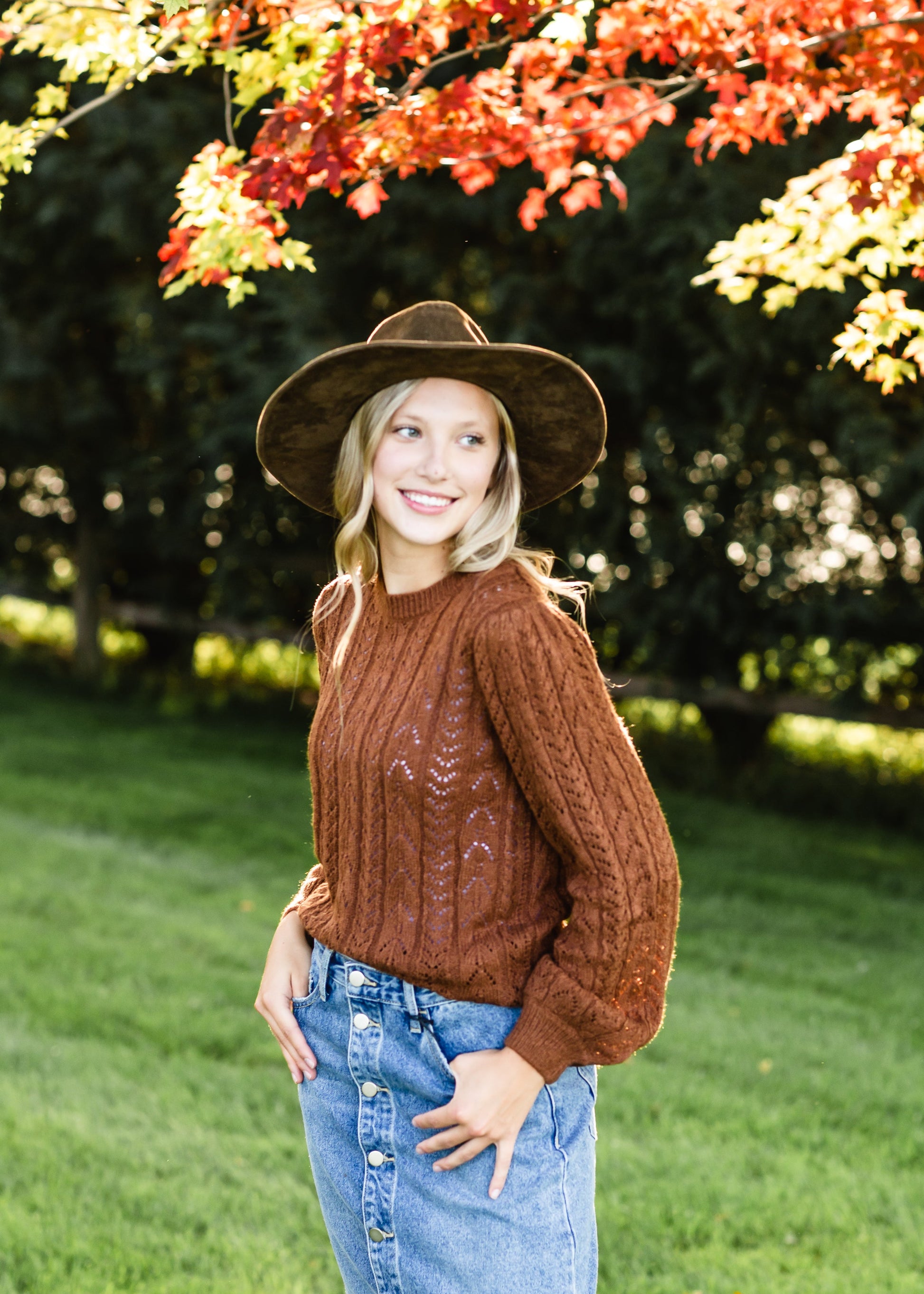 Brown Crochet Bell Sleeve Sweater Tops