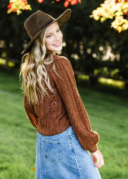 Brown Crochet Bell Sleeve Sweater Tops