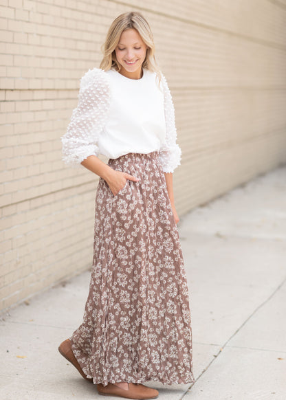 Brown Daffodil Pleated Maxi Skirt Skirts