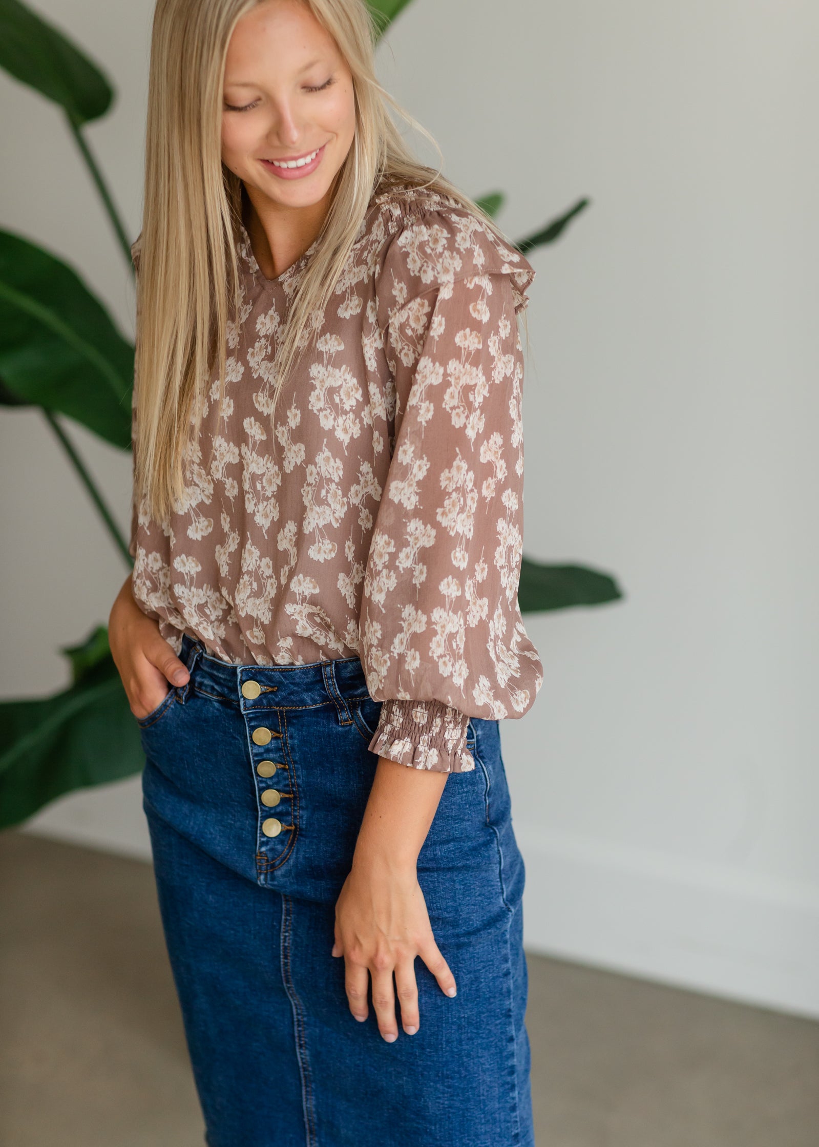 Brown Floral Smocked Blouse - FINAL SALE Tops