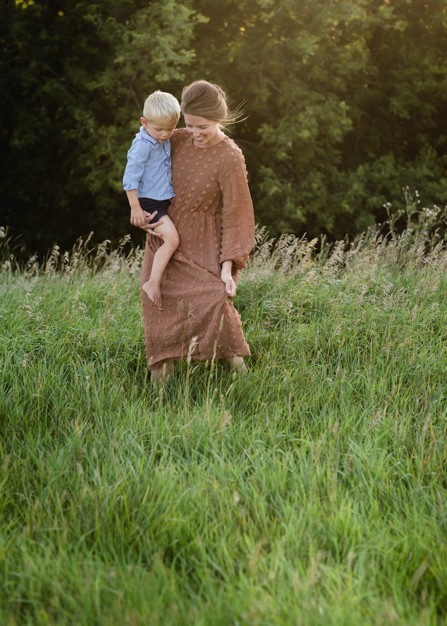 Brown Long Sleeve Swiss Dot Midi Dress - FINAL SALE Dresses