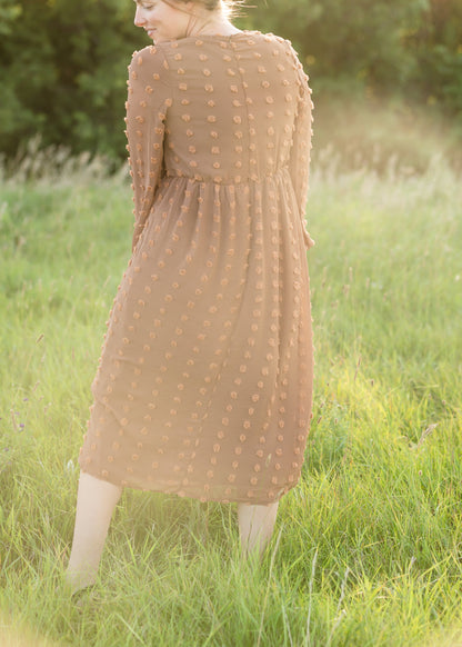 Brown Long Sleeve Swiss Dot Midi Dress - FINAL SALE Dresses