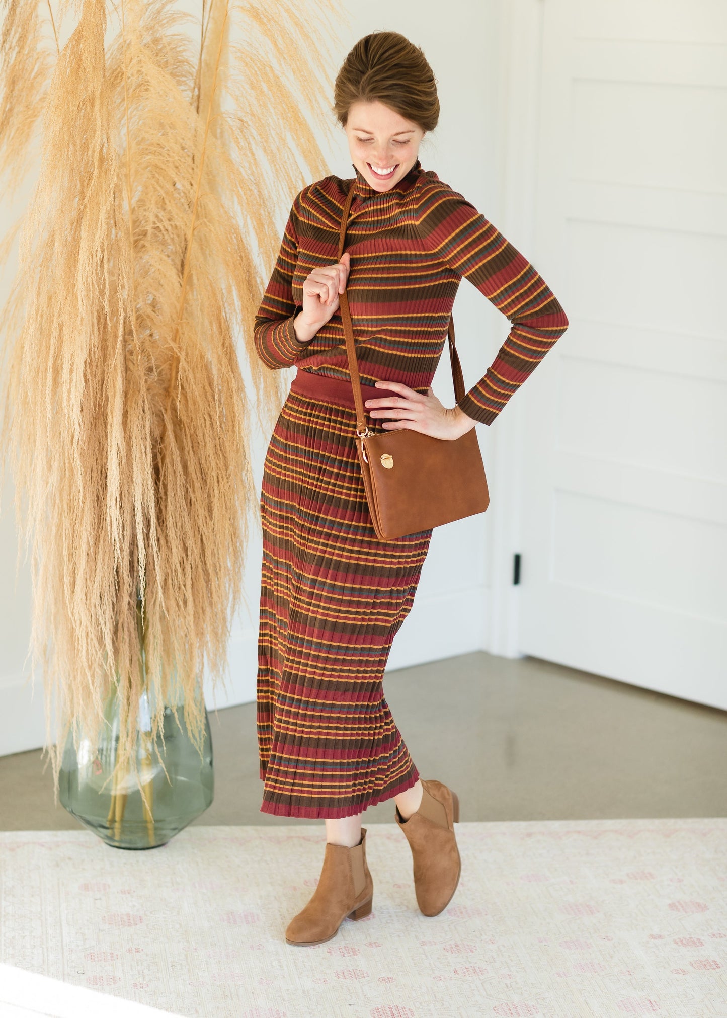 Brown Multi Stripe Ribbed Sweater Skirt - FINAL SALE Tops