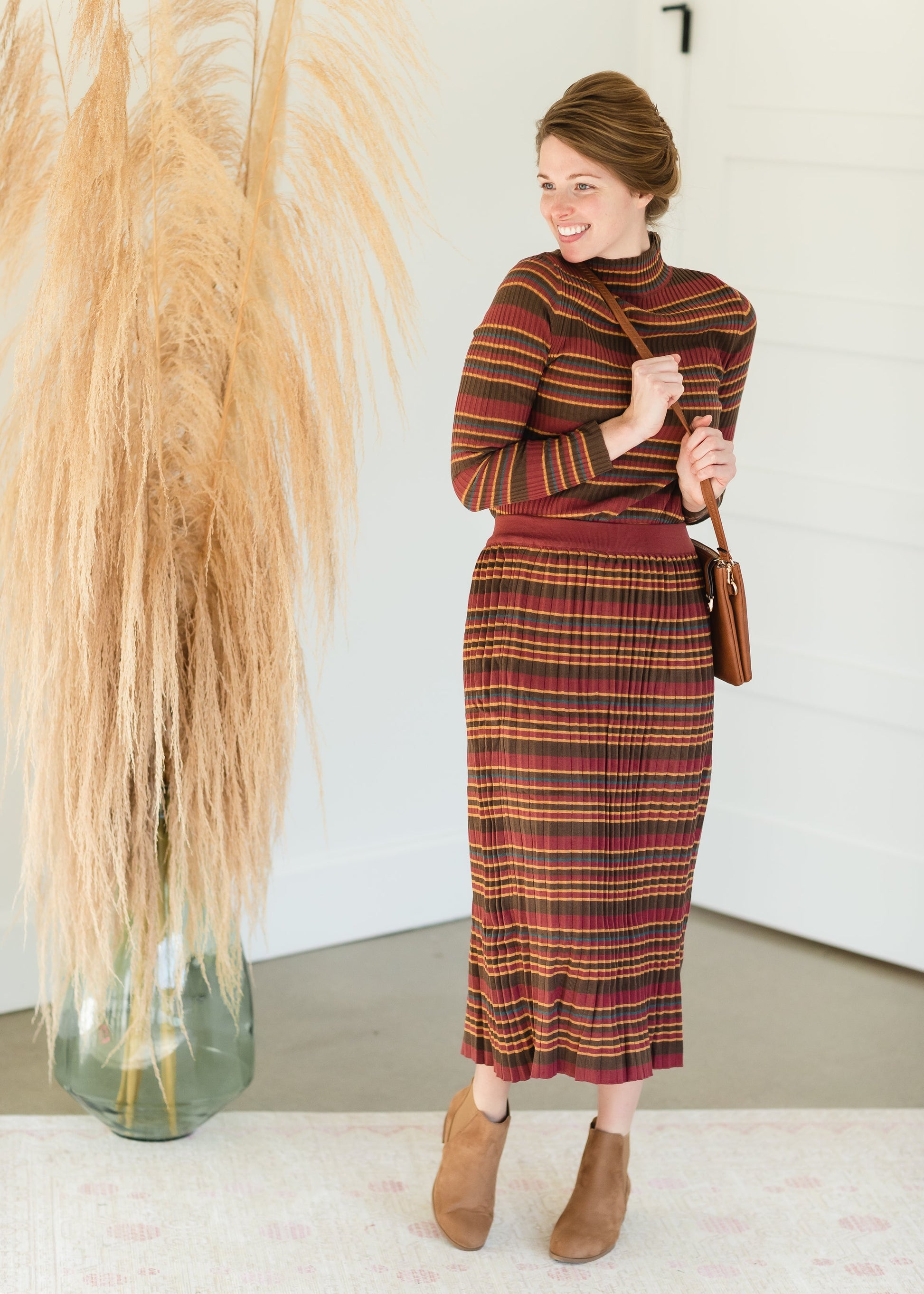 Brown Multi Stripe Ribbed Sweater Skirt - FINAL SALE Tops