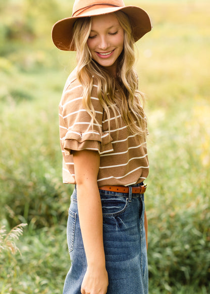 Brown Striped Short Sleeve Top - FINAL SALE Tops