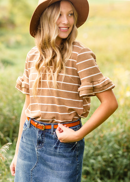 Brown Striped Short Sleeve Top - FINAL SALE Tops