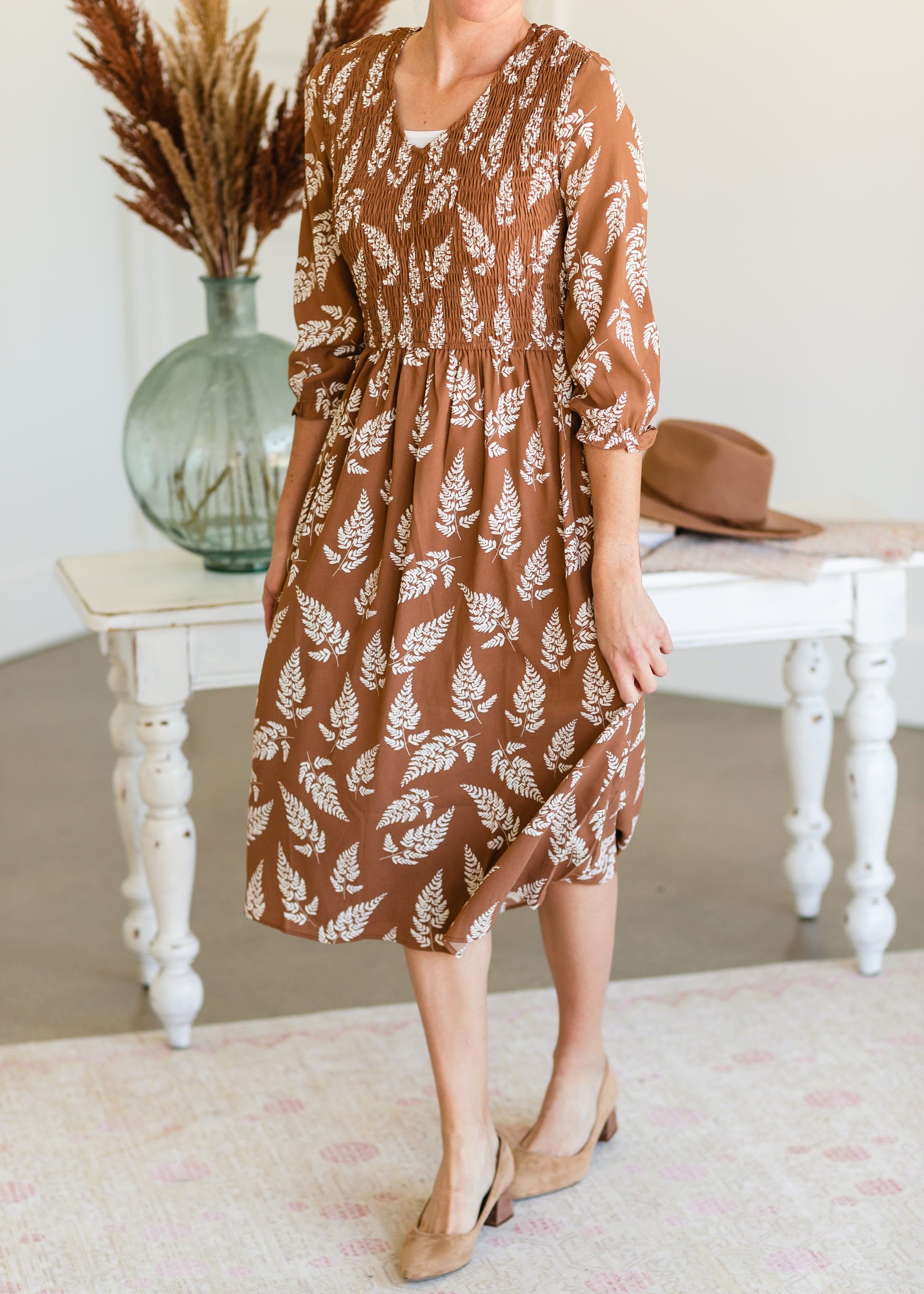 Brown V-Neck Smocked Midi Dress - FINAL SALE Dresses