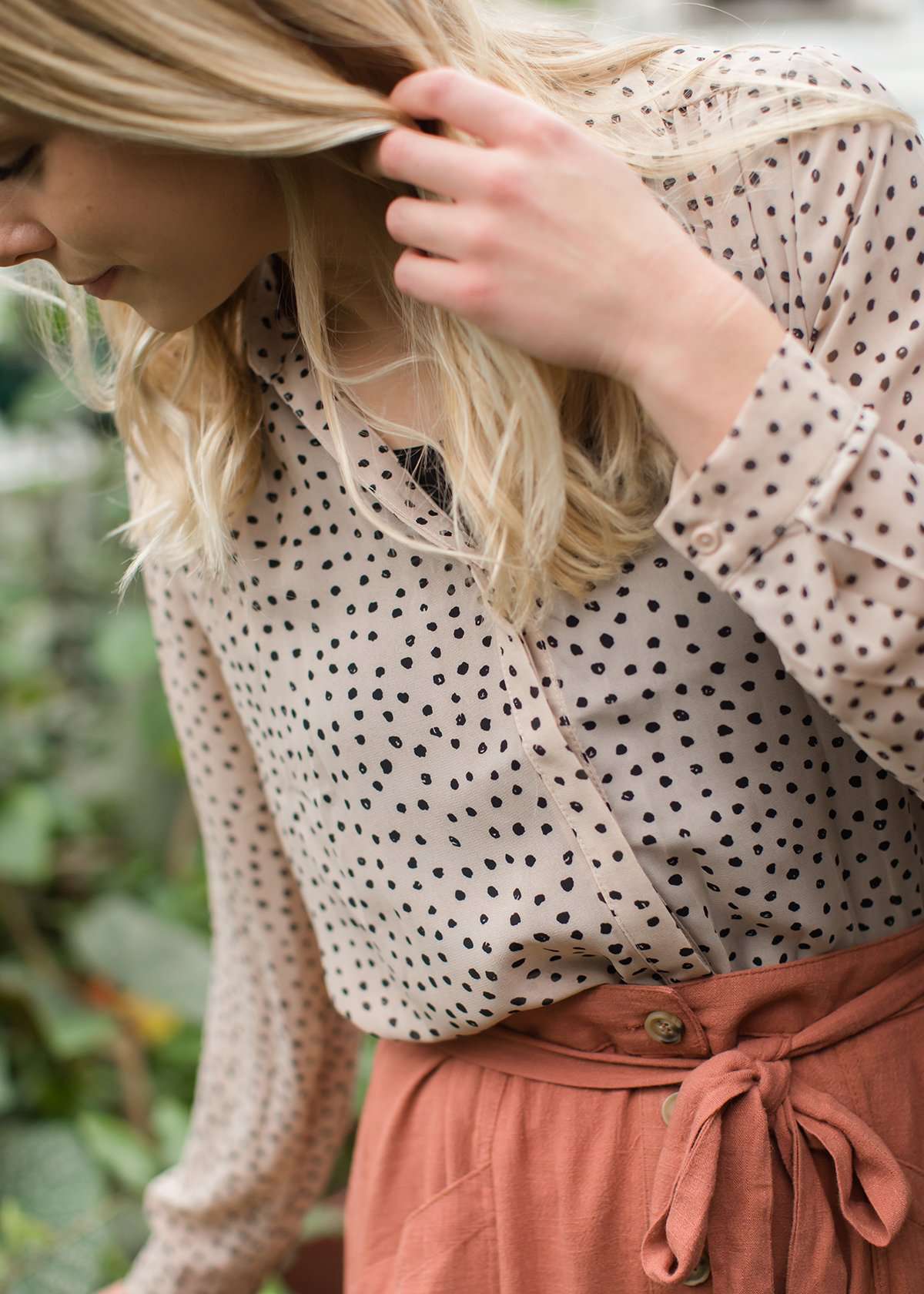 polyester sheer taupe top with black polka dots