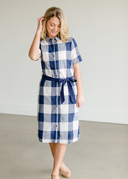 Buffalo Check Blue Button Midi Dress - FINAL SALE Dresses